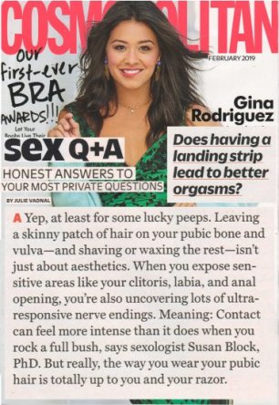 Dr. Suzy Answers ‘Does Having a Landing Strip Lead to Better Orgasms?’ in Cosmo’s February 2019 Issue